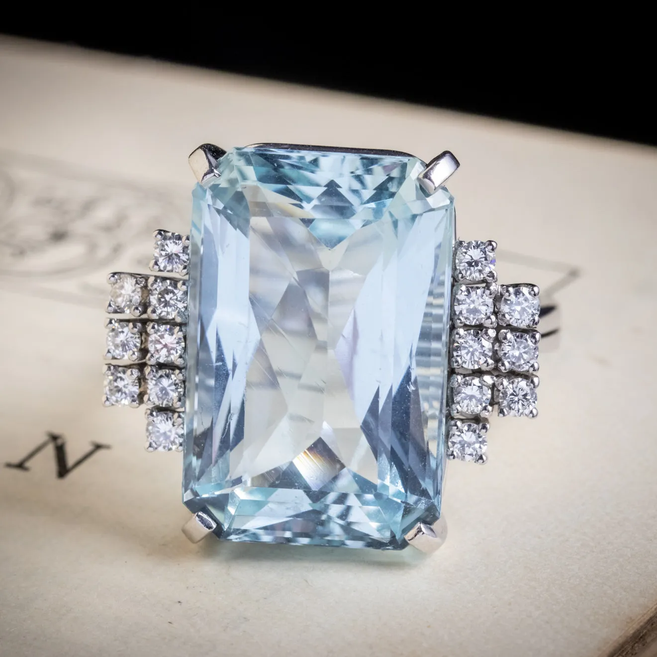 Art Deco Aquamarine Diamond Ring 18Ct White Gold 25Ct Aqua Circa 1920