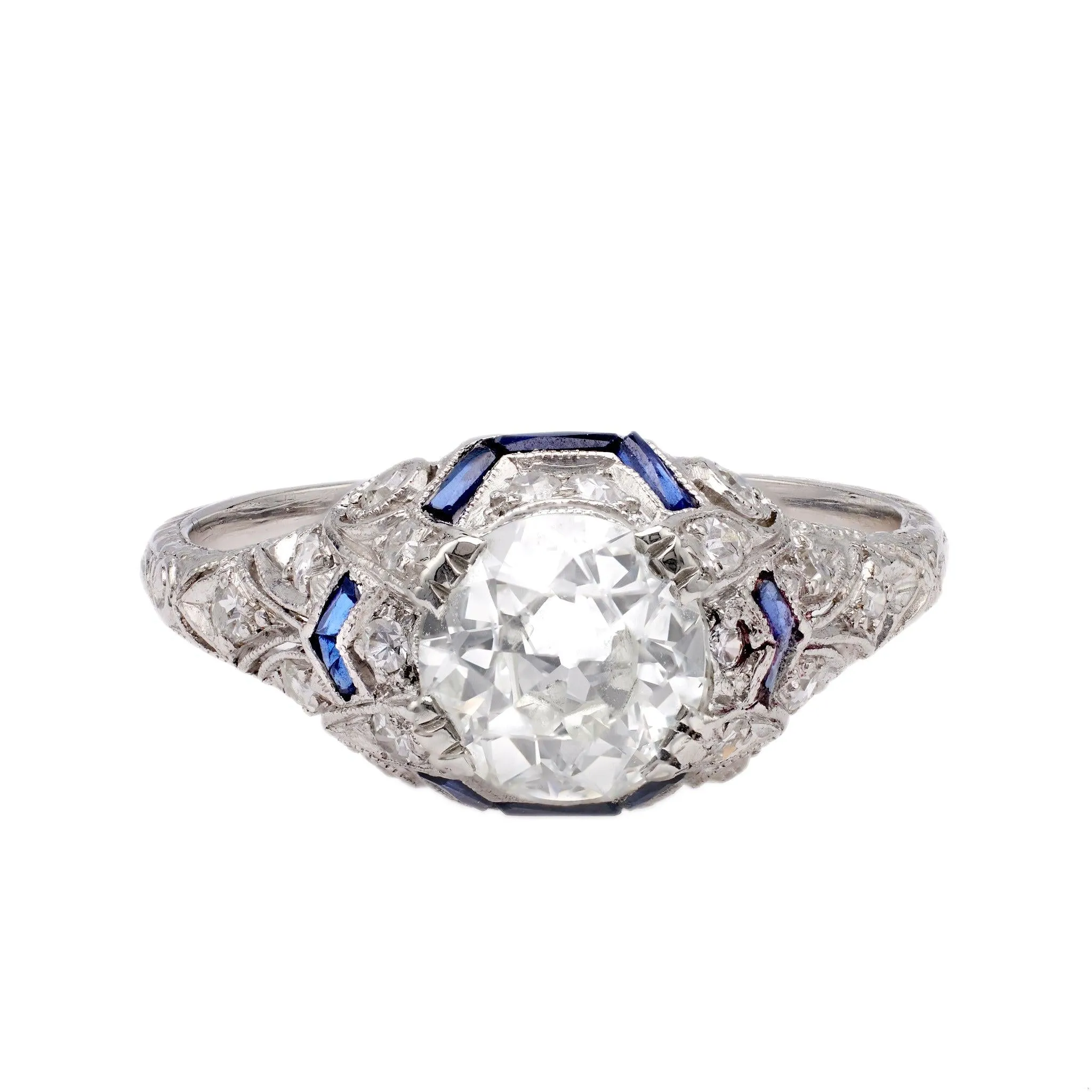 Art Deco GIA 1.51 Carat Old European Cut Diamond and Sapphire Platinum Ring