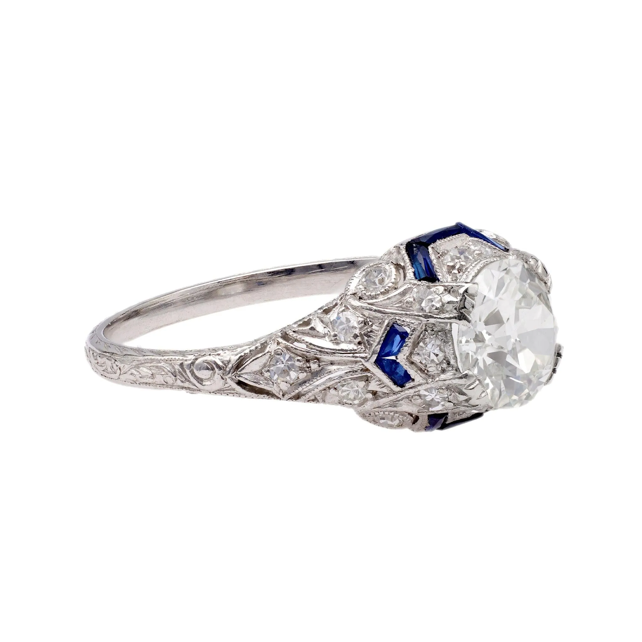 Art Deco GIA 1.51 Carat Old European Cut Diamond and Sapphire Platinum Ring