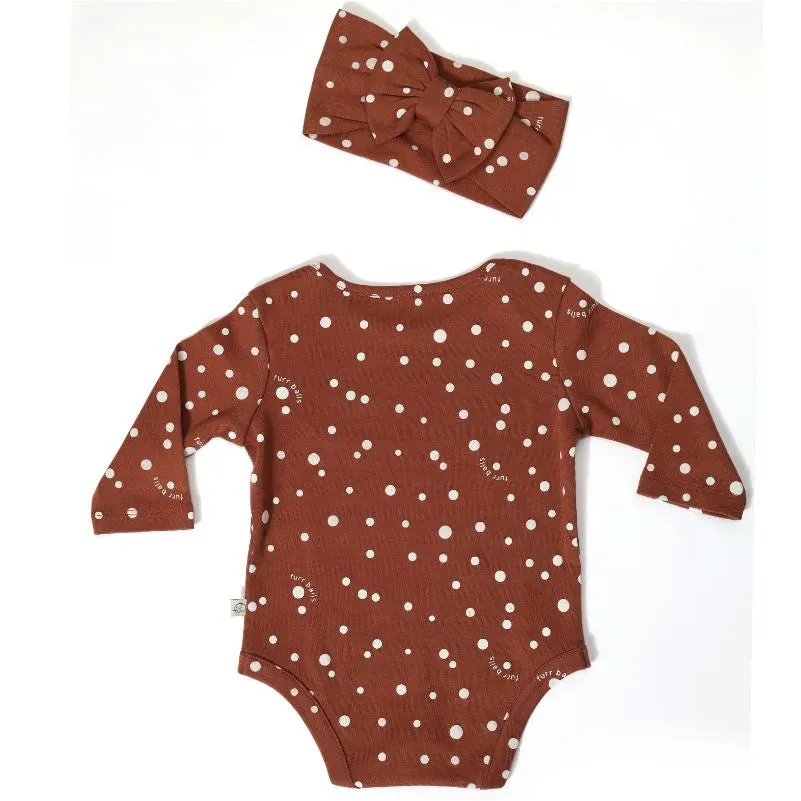 Baby Printed Polka Dotted Full Sleeves Bodysuit With A Bow Headband - Clove