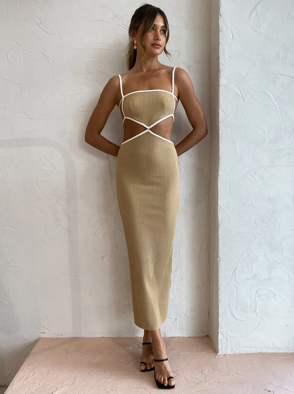 Bec and Bridge Coyote Midi Dress in Camel/Ivory