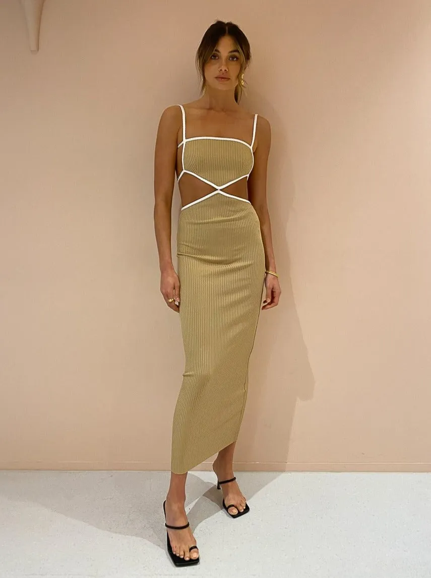 Bec and Bridge Coyote Midi Dress in Camel/Ivory