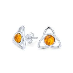 Black Onyx Amber Gemstone Trinity Knot Stud Earrings Sterling Silver Finish