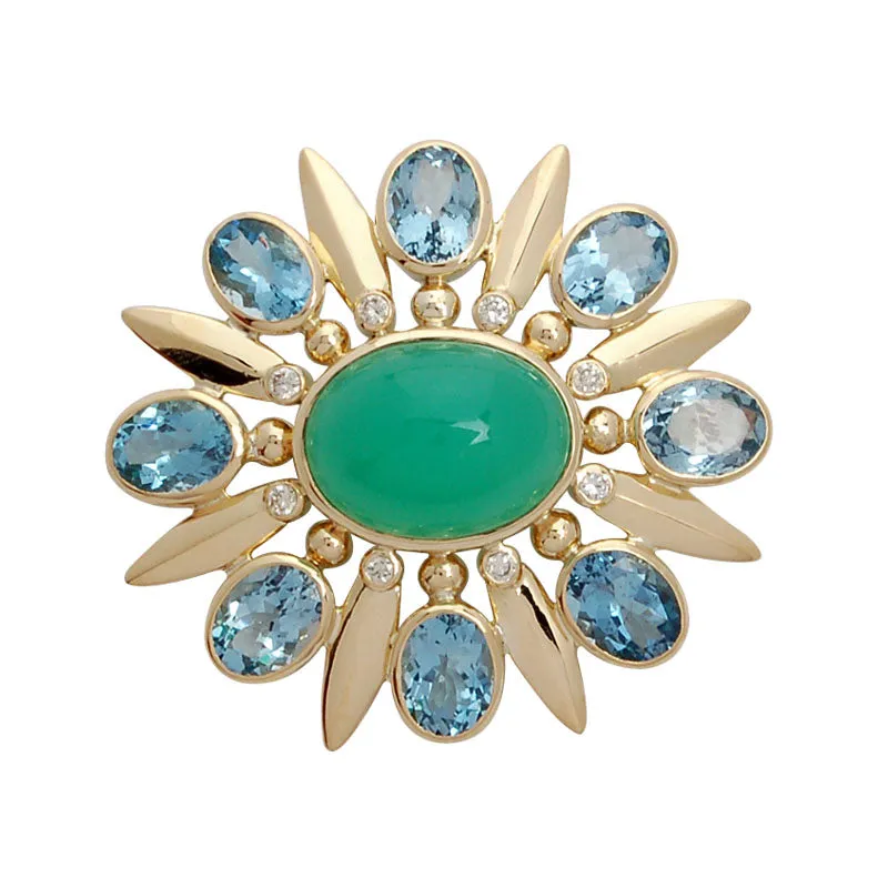 Brooch- Aquamarine, Chrysoprase And Diamond