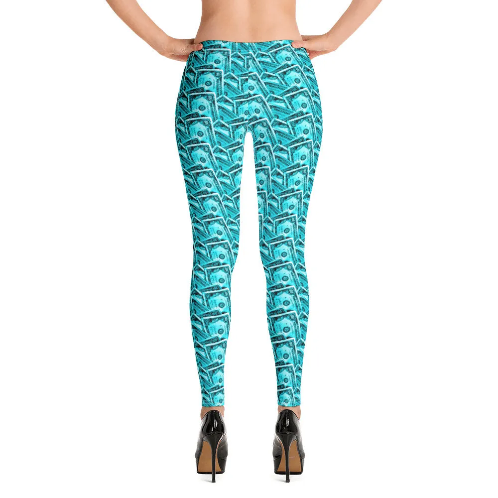 Cash Money Pattern Leggings Aquamarine With One Hundred Dollar Bills from HeroicU