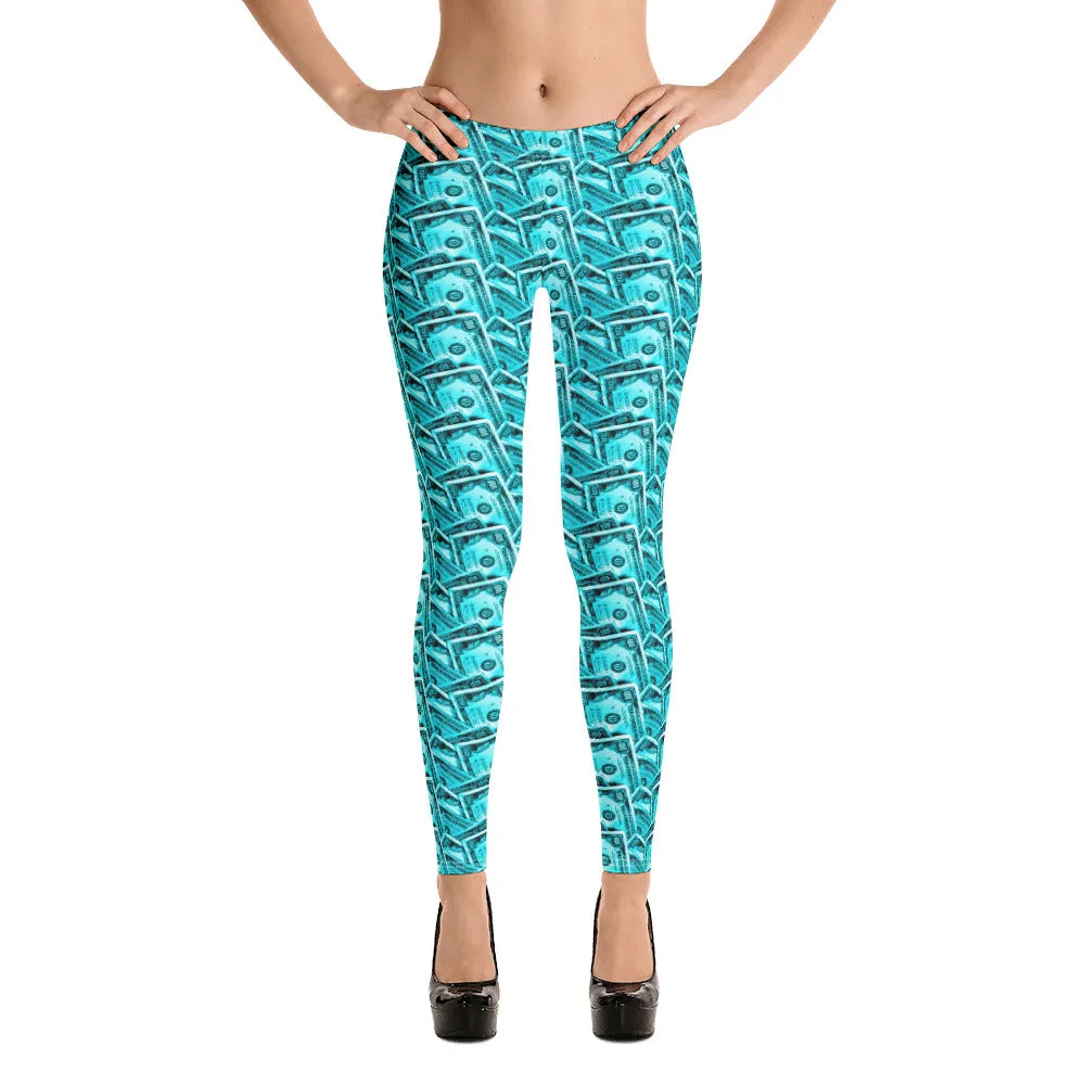 Cash Money Pattern Leggings Aquamarine With One Hundred Dollar Bills from HeroicU