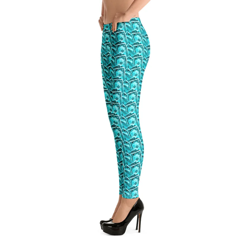 Cash Money Pattern Leggings Aquamarine With One Hundred Dollar Bills from HeroicU