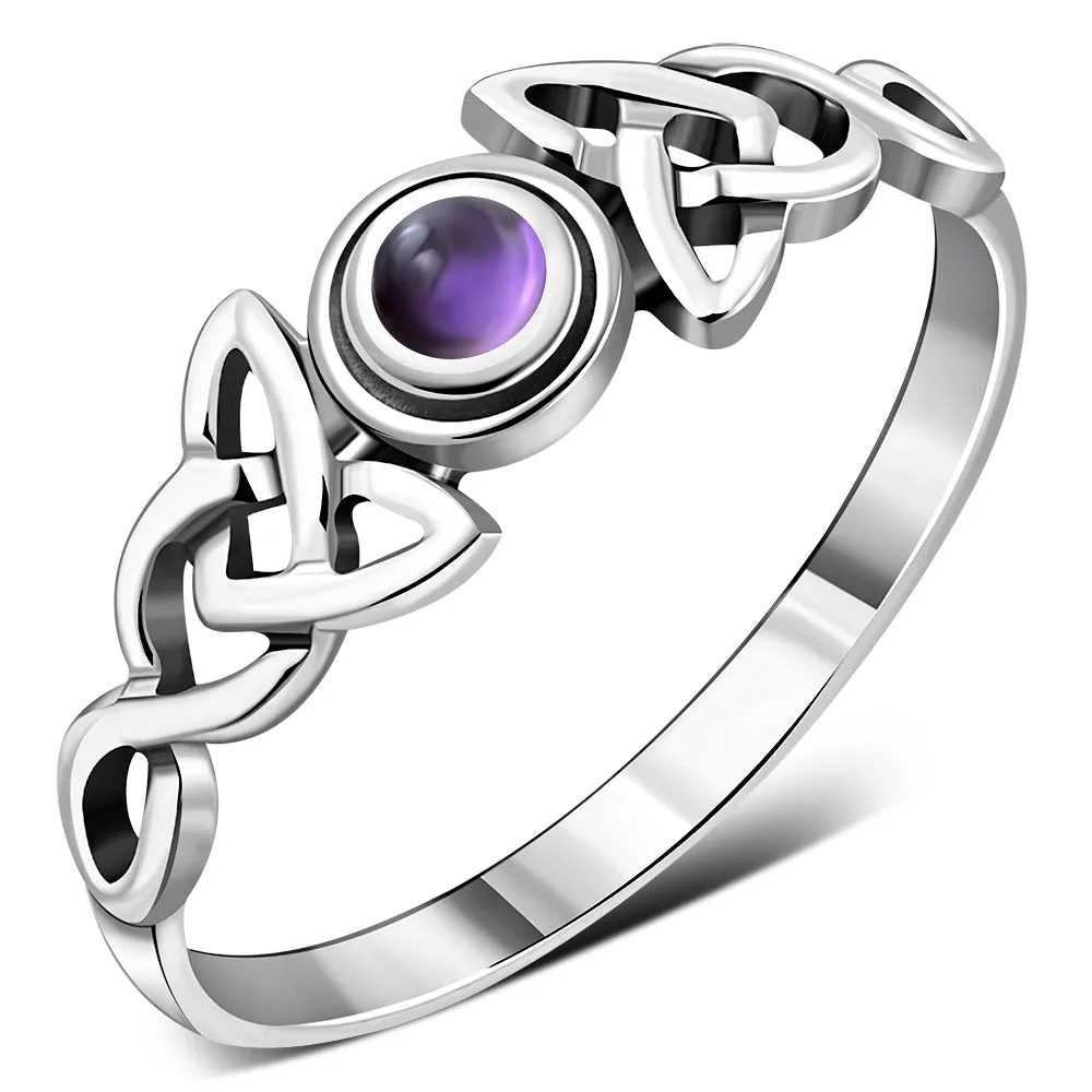 Celtic Trinity Silver Amethyst Stone Ring