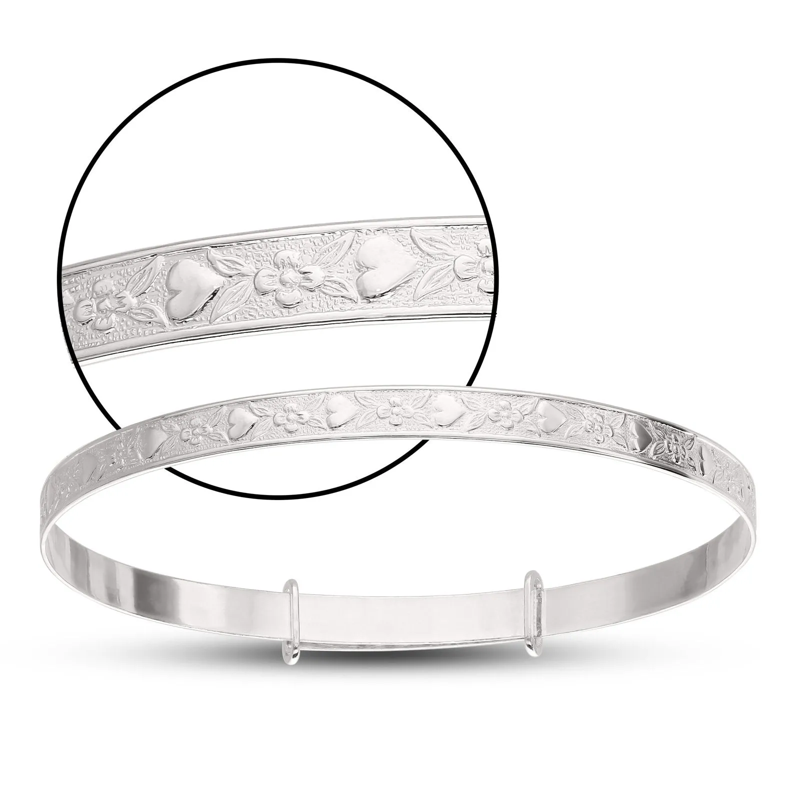 Children's Expandable Silver or Gold plated Bangle with Flowers and Hearts (5  years)