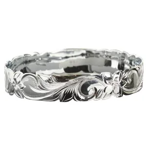 Classic Hawaiian Sterling Silver Scrolling Plumeria Bangle Cut Out Edge