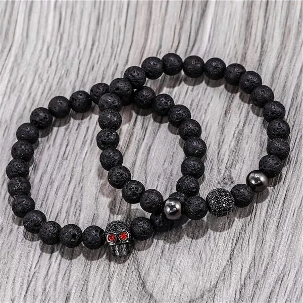 Classy Men Beaded Lava Stone Skull Bracelet Set