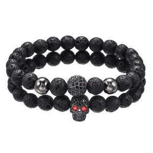 Classy Men Beaded Lava Stone Skull Bracelet Set