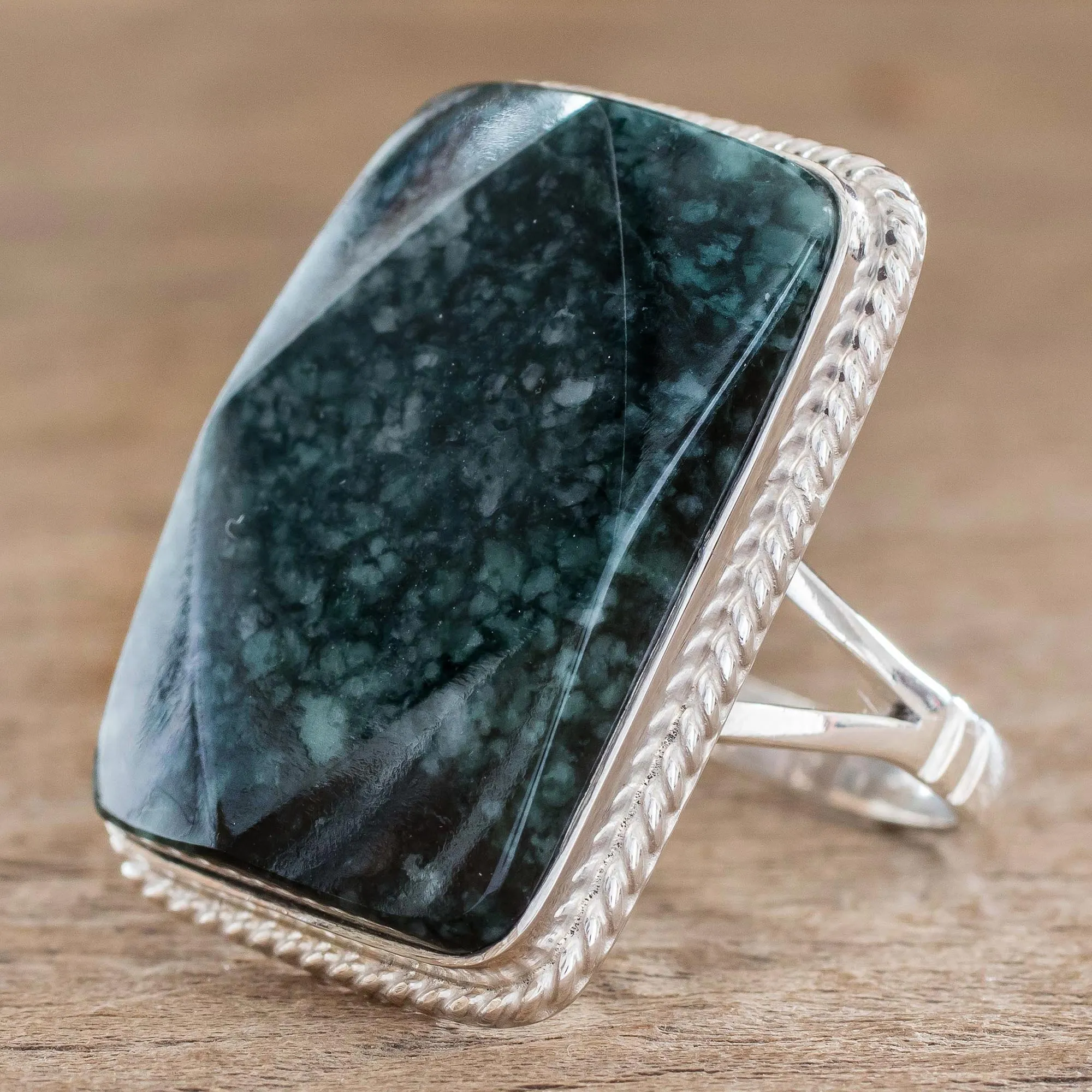 Collectible Modern Jade Sterling Silver Cocktail Ring - Maya Princess | NOVICA