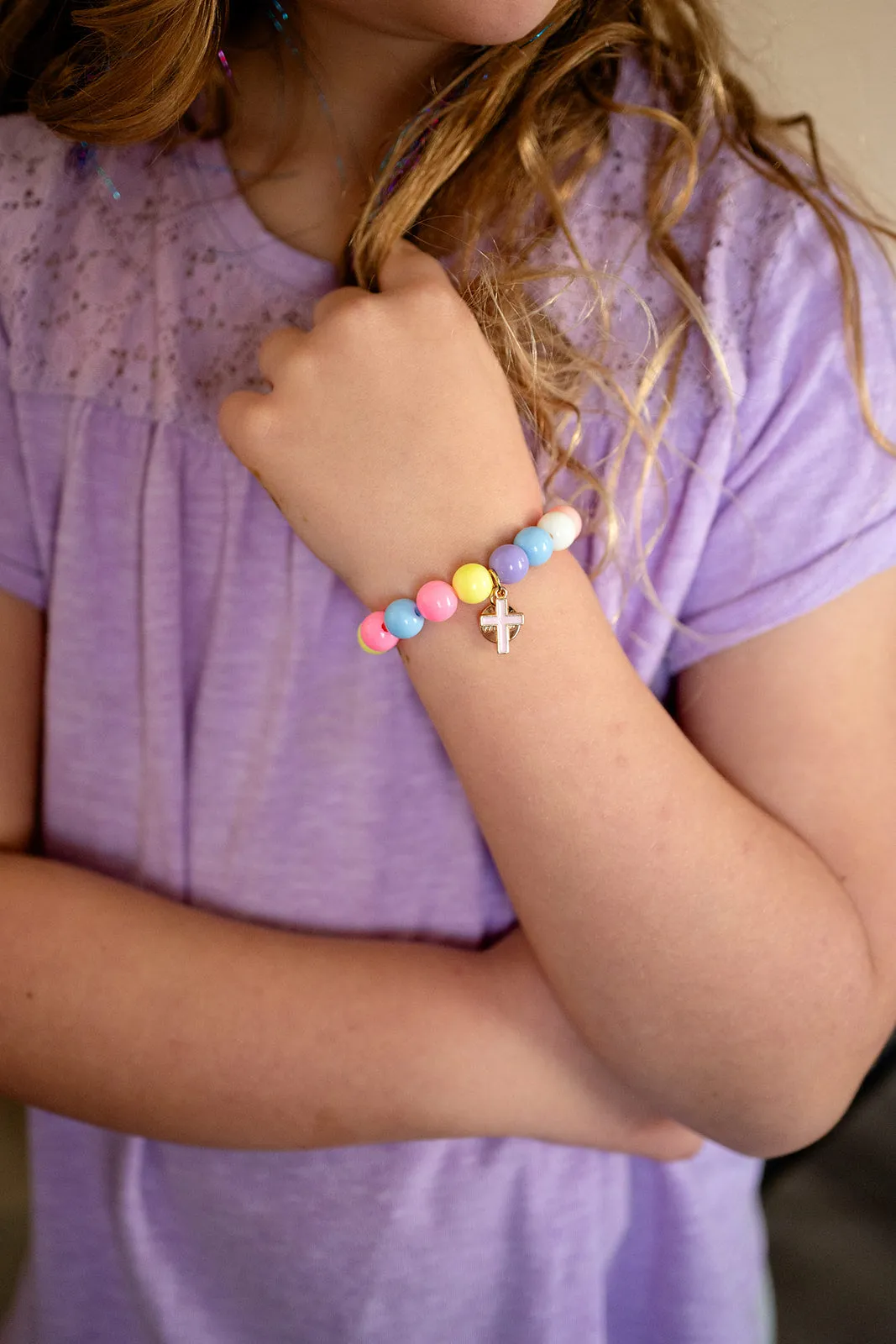 Cross Enamel Pink Charm on Colorful Beaded Stretch Bracelet