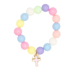 Cross Enamel Pink Charm on Colorful Beaded Stretch Bracelet