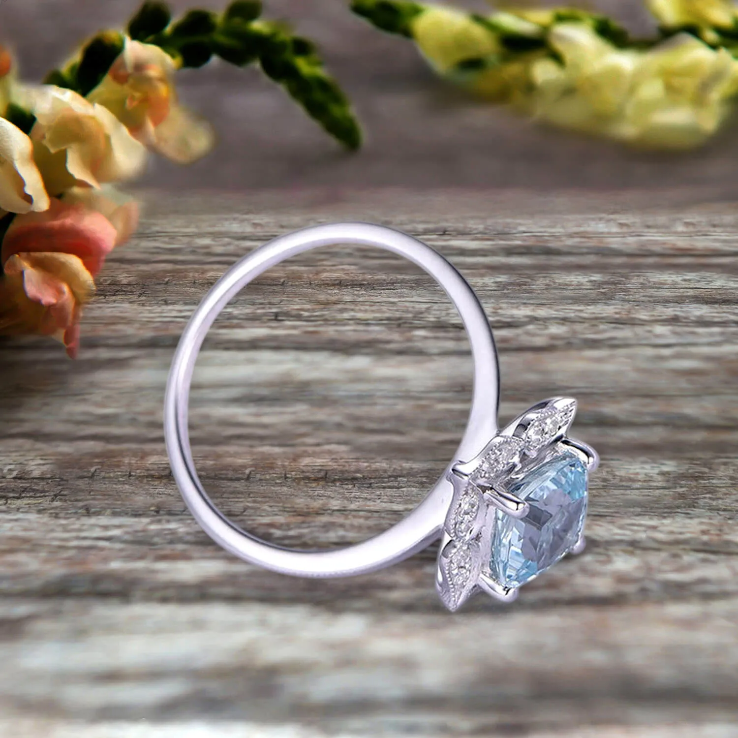 Cushion Cut 1.25 Carat Vintage Floral Aquamarine Engagement Ring On 10k White Gold Anniversary Gift Personalized for Brides