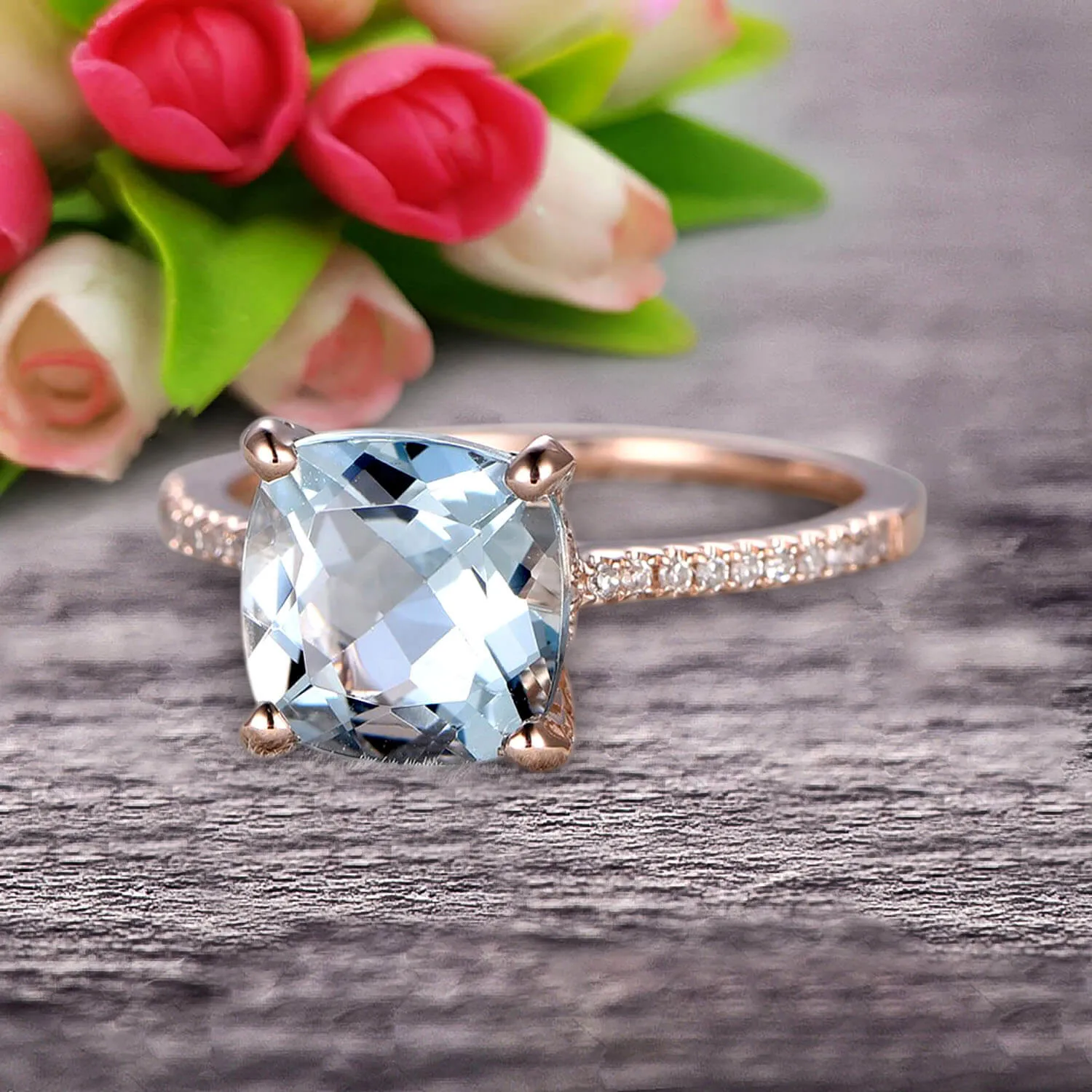 Cushion Cut 1.50 Carat Aquamarine Engagement Ring Anniversary Gift 10k Rose Gold Curved Basket Under