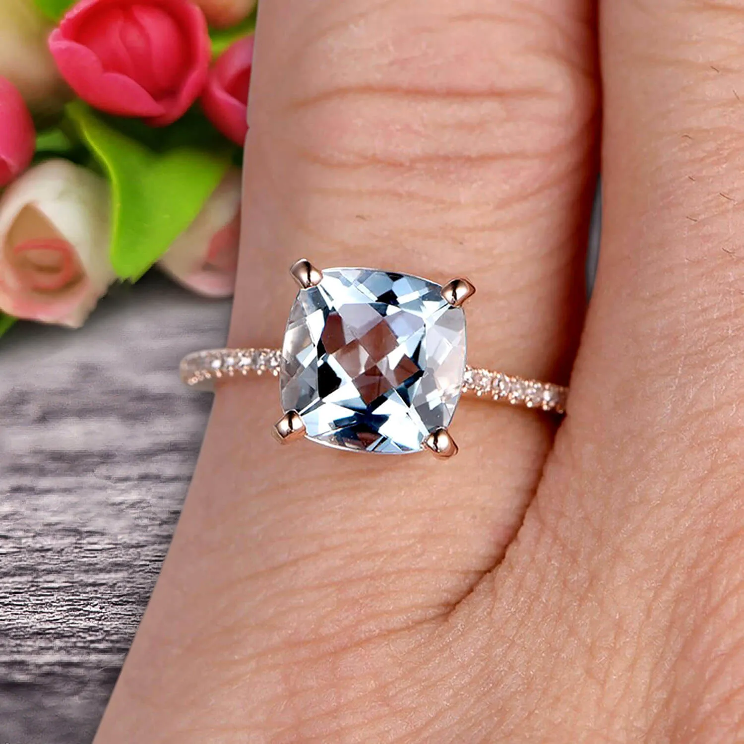 Cushion Cut 1.50 Carat Aquamarine Engagement Ring Anniversary Gift 10k Rose Gold Curved Basket Under