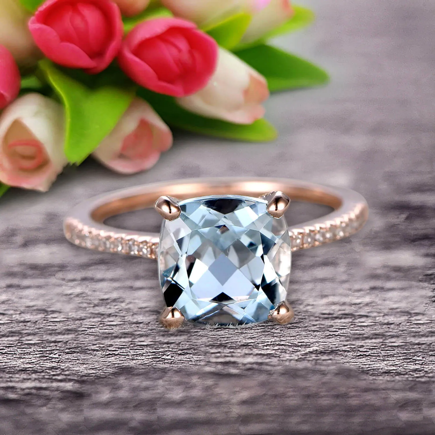 Cushion Cut 1.50 Carat Aquamarine Engagement Ring Anniversary Gift 10k Rose Gold Curved Basket Under