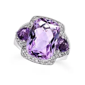 Cushion Cut and Half Moon Amethyst and Diamond Halo Ring