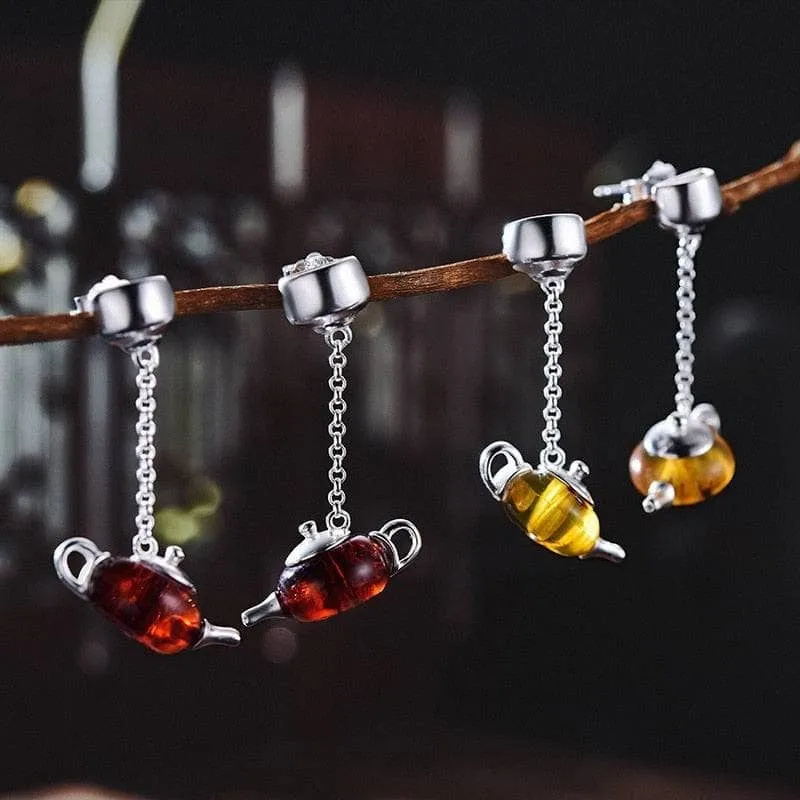 Cute Amber Teapot Dangle Earrings