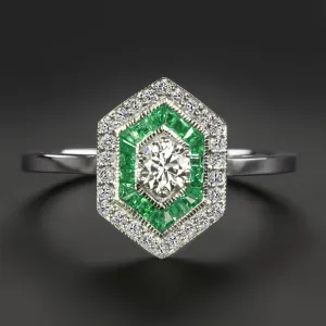 DIAMOND EMERALD ART DECO STYLE COCKTAIL RING HEXAGON DOUBLE HALO 14k WHITE GOLD