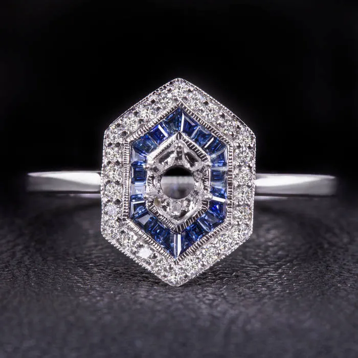 DIAMOND SAPPHIRE VINTAGE STYLE MOUNT ENGAGEMENT RING ROUND OVAL SETTING ART DECO