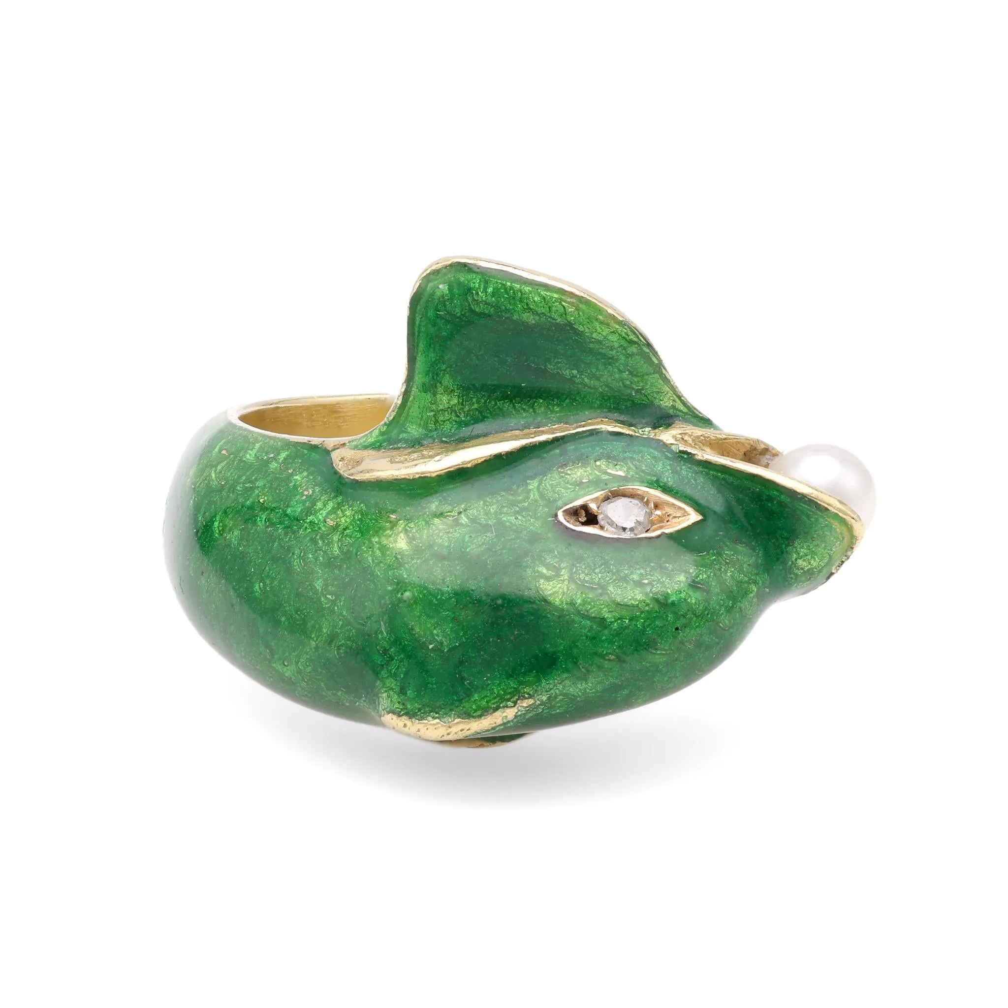 Dolphin Enamel Pearl Diamond Gold Ring