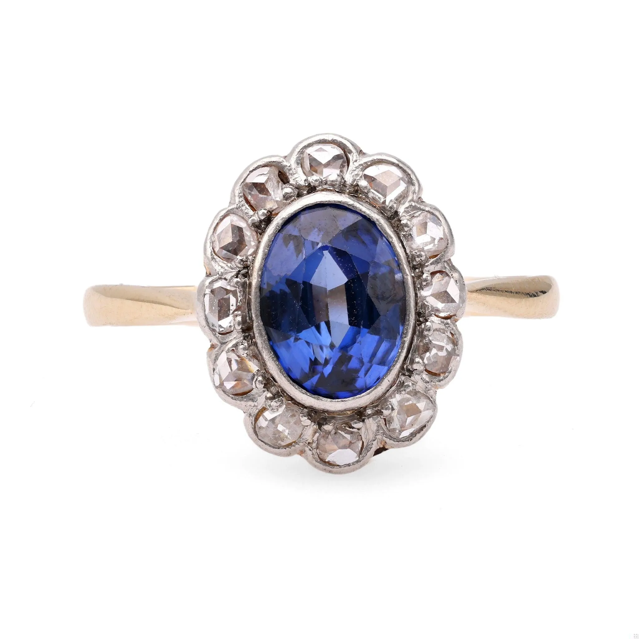 Edwardian Sapphire Diamond 18k Yellow Gold Platinum Ring