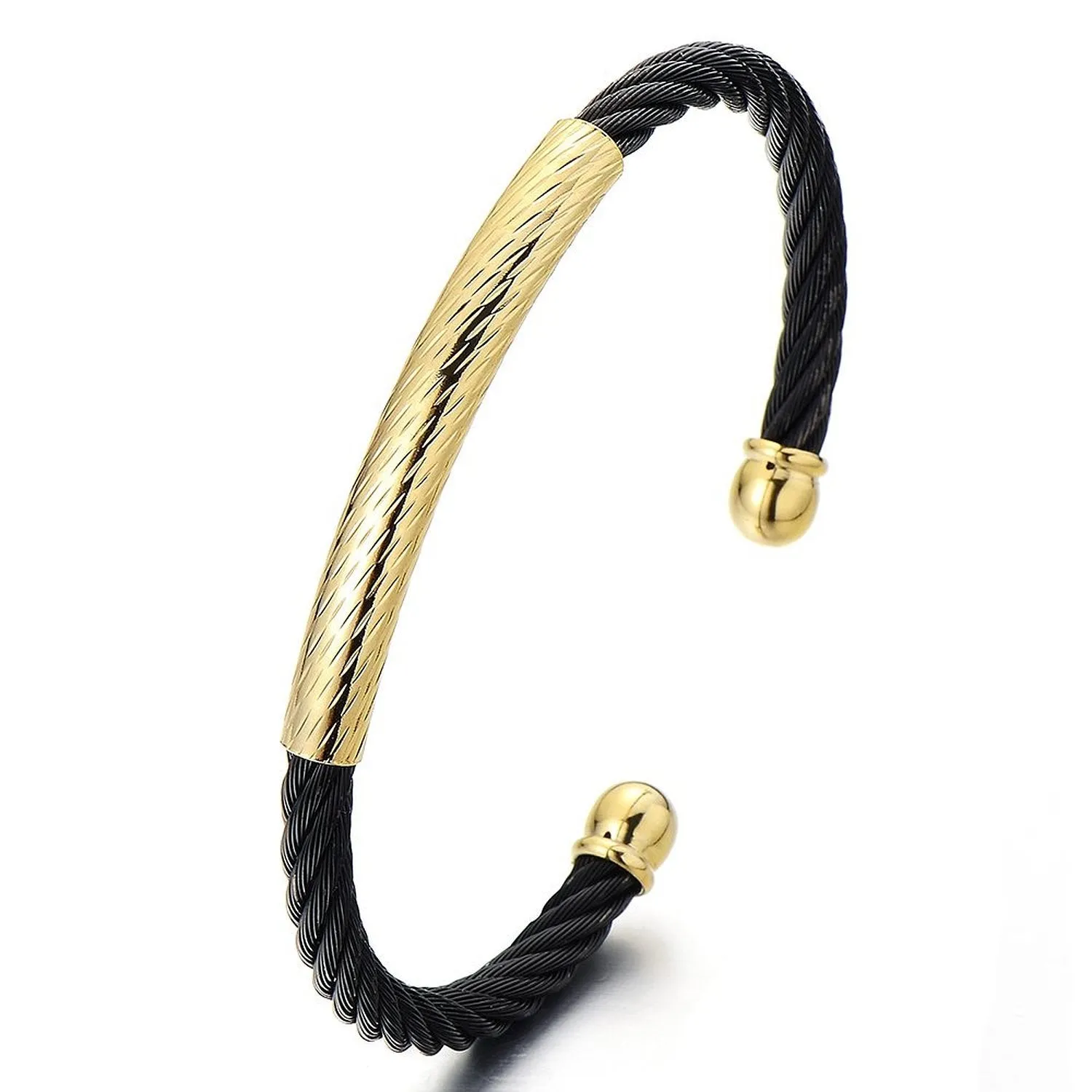 Elastic Adjustable Mens Womens Stainless Steel Bangle Bracelet Gold Black Two-Tone