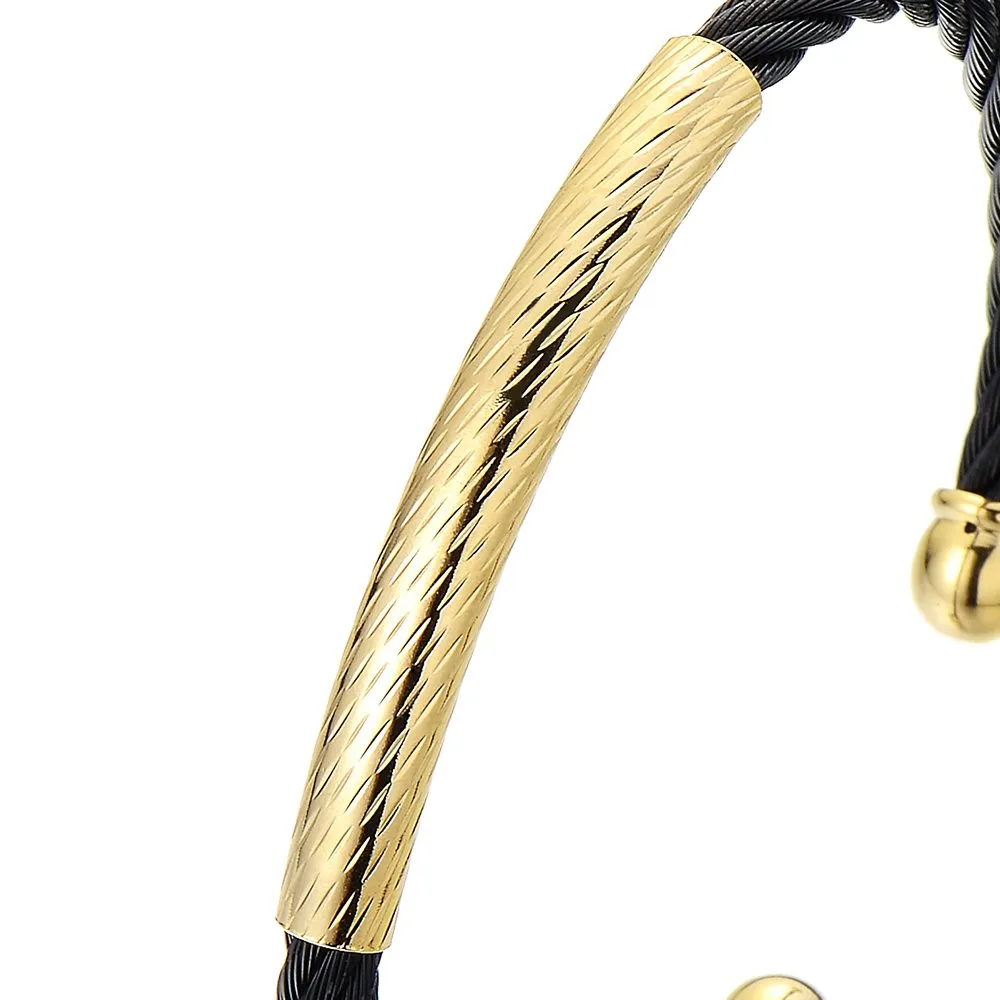 Elastic Adjustable Mens Womens Stainless Steel Bangle Bracelet Gold Black Two-Tone