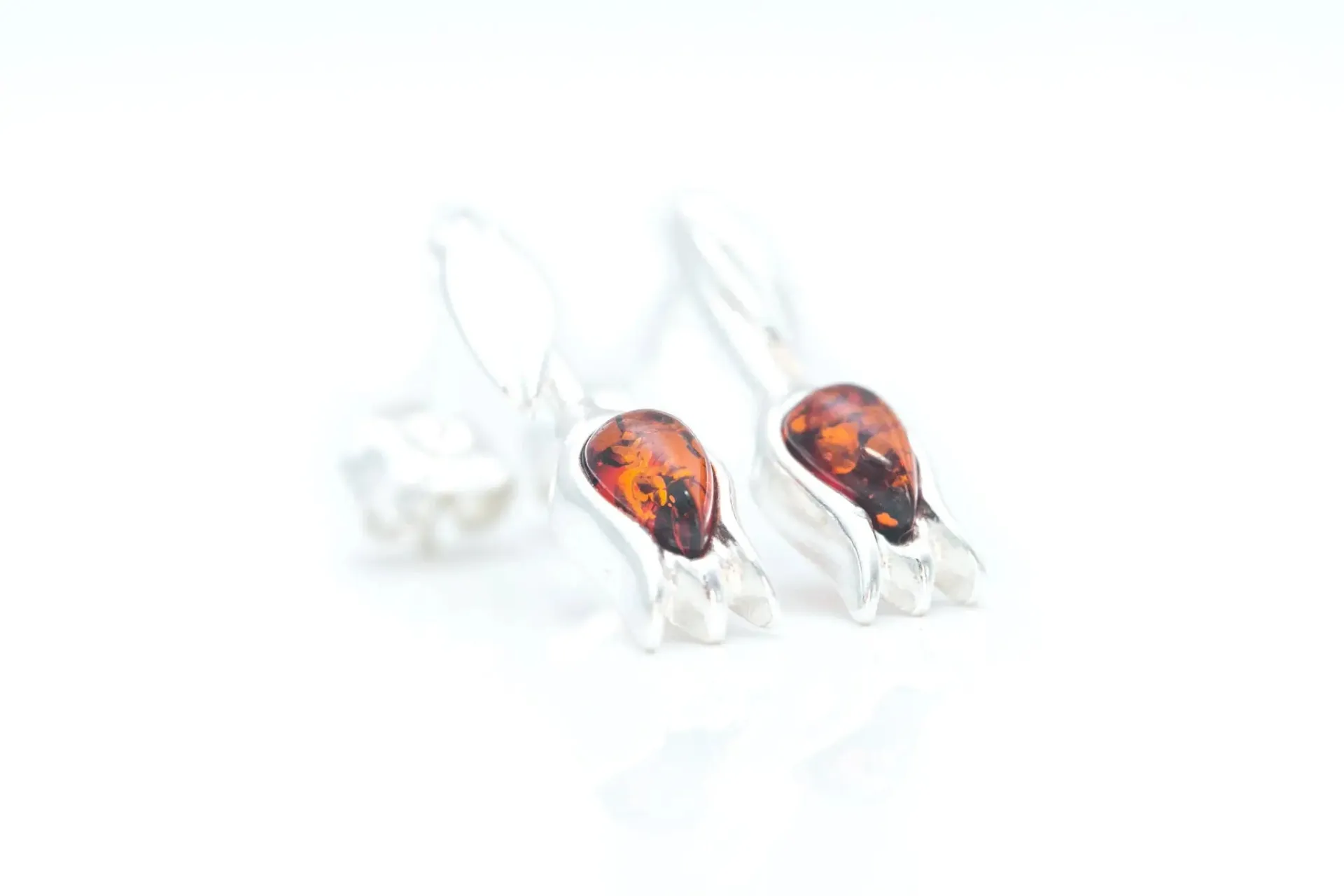 Elegant Amber Tulip Stud Earrings - Handcrafted Sterling Silver with Genuine Baltic Amber