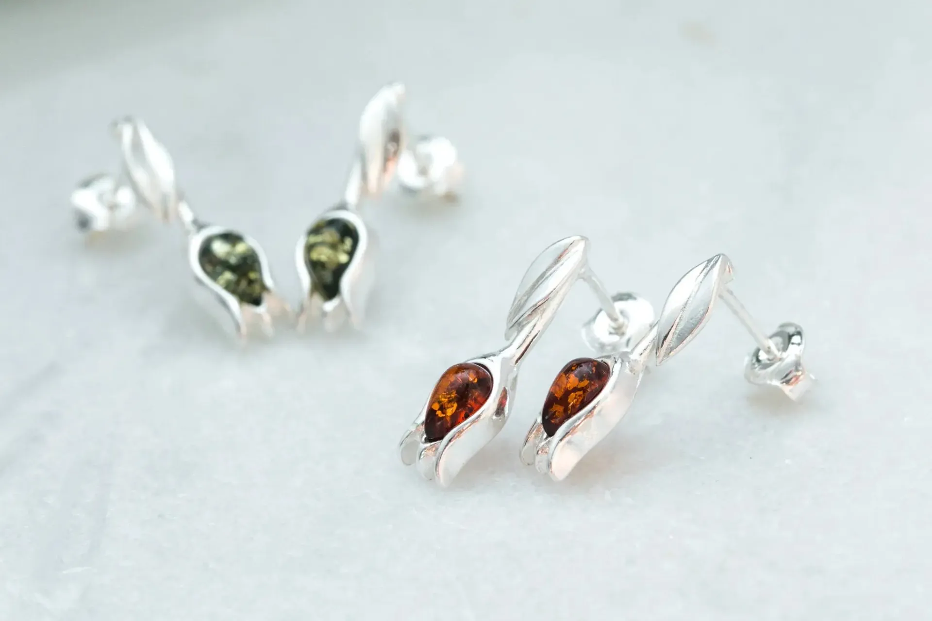 Elegant Amber Tulip Stud Earrings - Handcrafted Sterling Silver with Genuine Baltic Amber