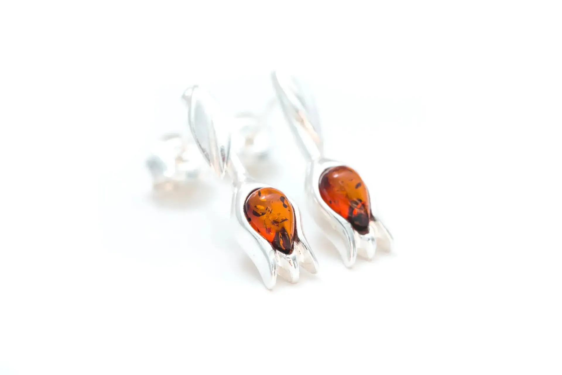 Elegant Amber Tulip Stud Earrings - Handcrafted Sterling Silver with Genuine Baltic Amber