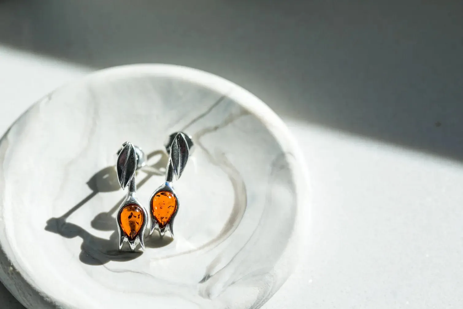 Elegant Amber Tulip Stud Earrings - Handcrafted Sterling Silver with Genuine Baltic Amber