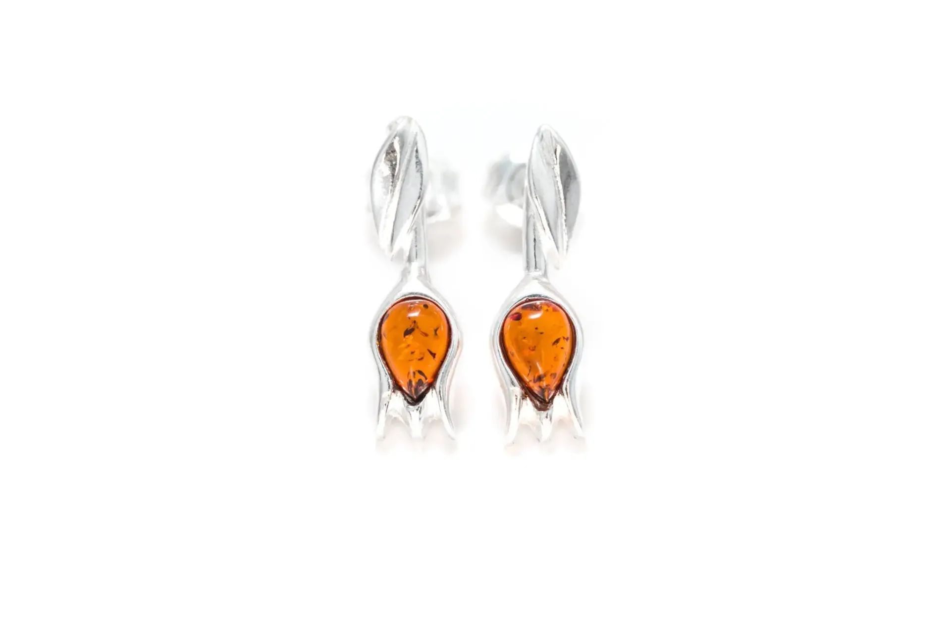 Elegant Amber Tulip Stud Earrings - Handcrafted Sterling Silver with Genuine Baltic Amber