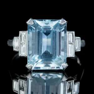 Emerald Cut Aquamarine Diamond Ring Platinum 7Ct Aqua 0.60Ct Diamonds