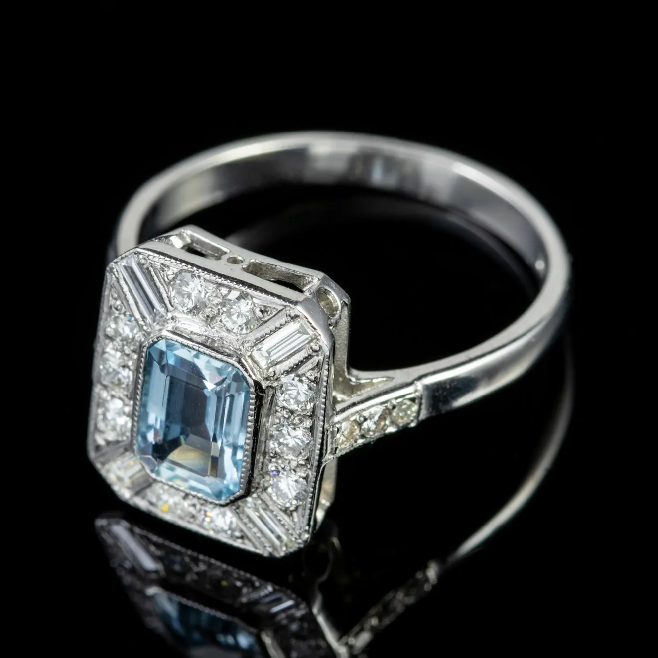 Emerald Cut Aquamarine Diamond Ring Platinum