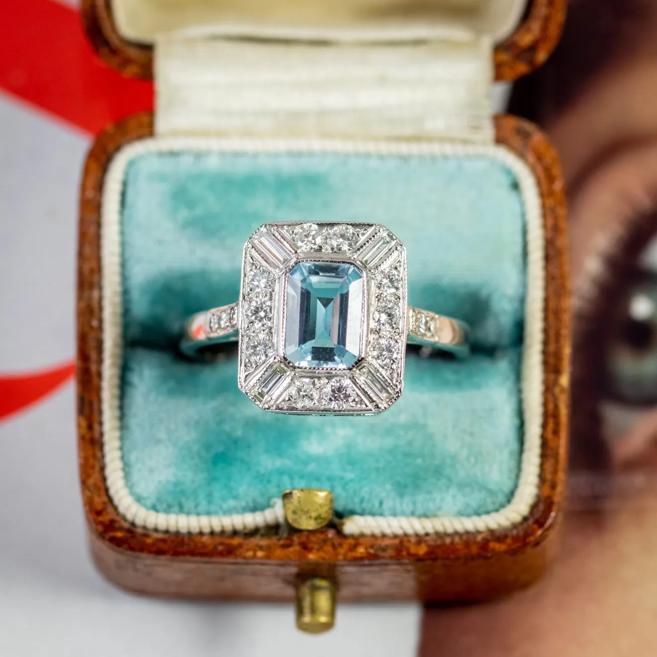 Emerald Cut Aquamarine Diamond Ring Platinum