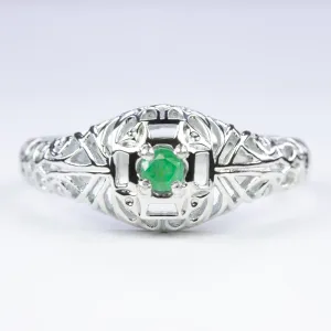 EMERALD VINTAGE STYLE COCKTAIL RING STERLING SILVER DAINTY FILIGREE ROUND GREEN