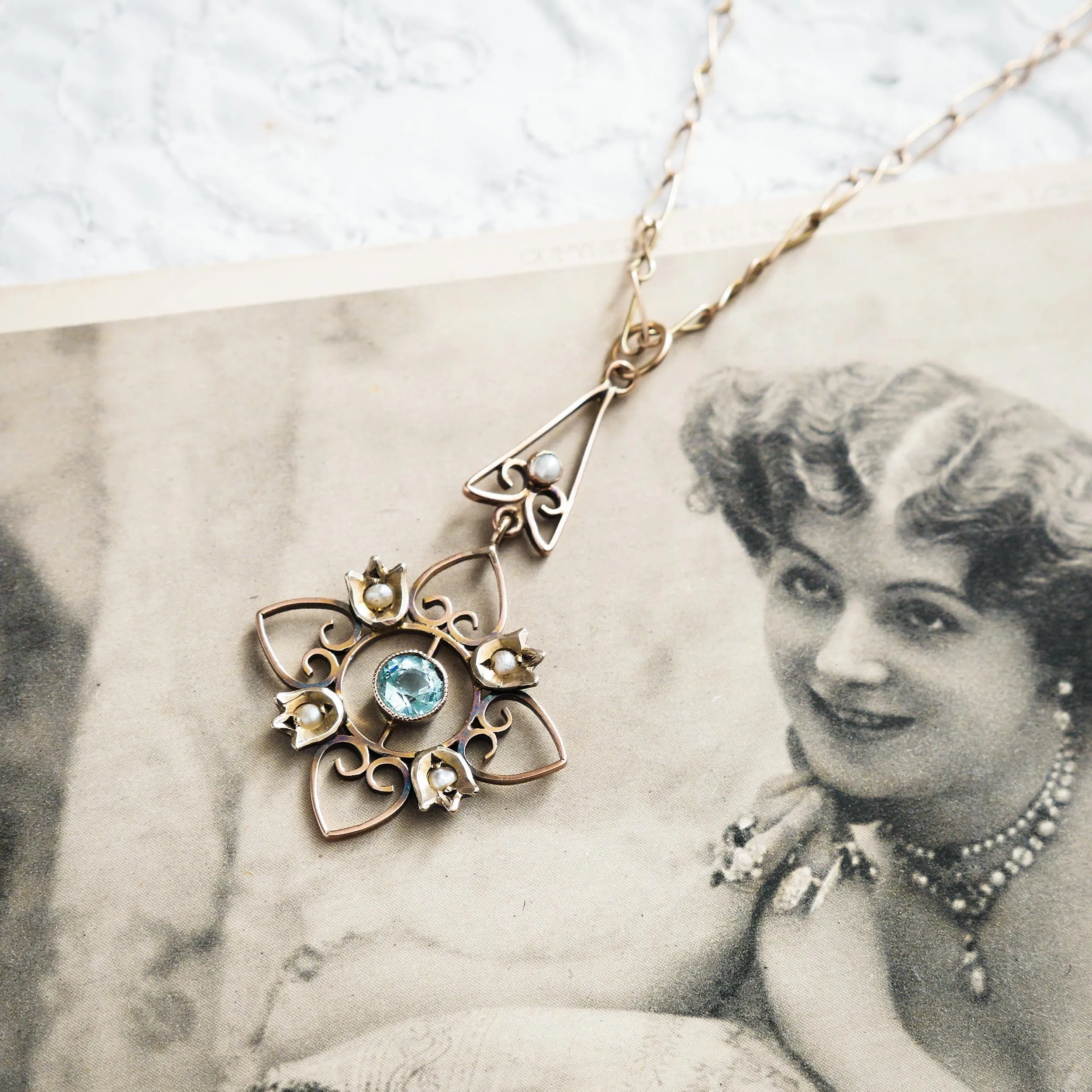 Ethereal Antique Edwardian Aquamarine & Seed Pearl Pendant