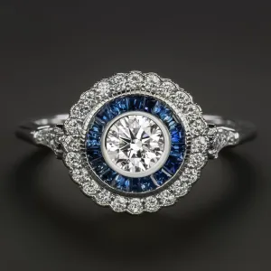 GIA CERTIFIED DIAMOND SAPPHIRE COCKTAIL RING VINTAGE STYLE HALO 14k WHITE GOLD