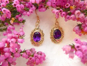 Gold Oval Amethyst Earrings with Celtic Weave Surround