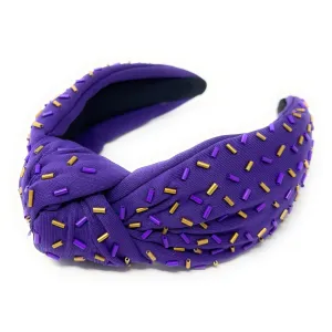 Hand Beaded Purple Gold Confetti Knot Headband