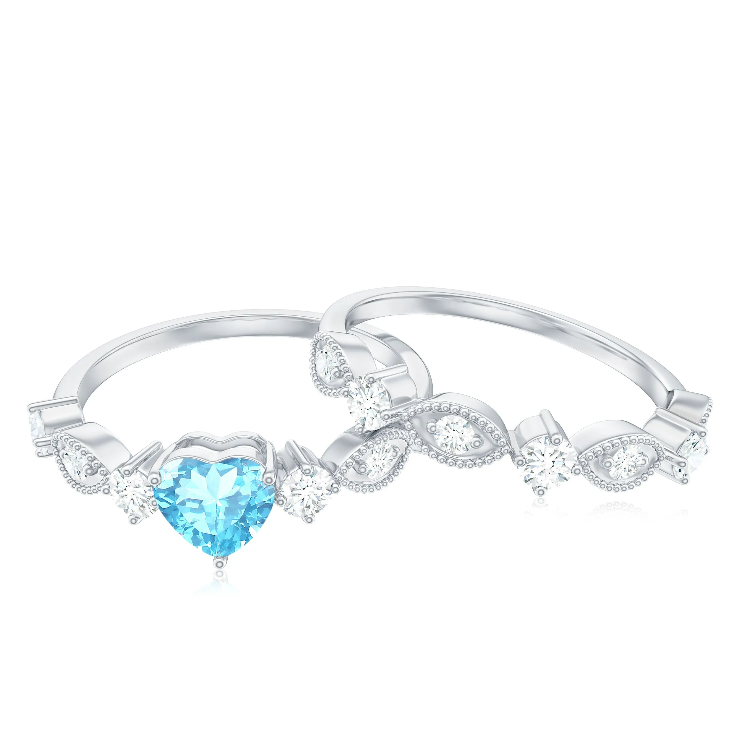 Heart Aquamarine and Diamond Ring Set