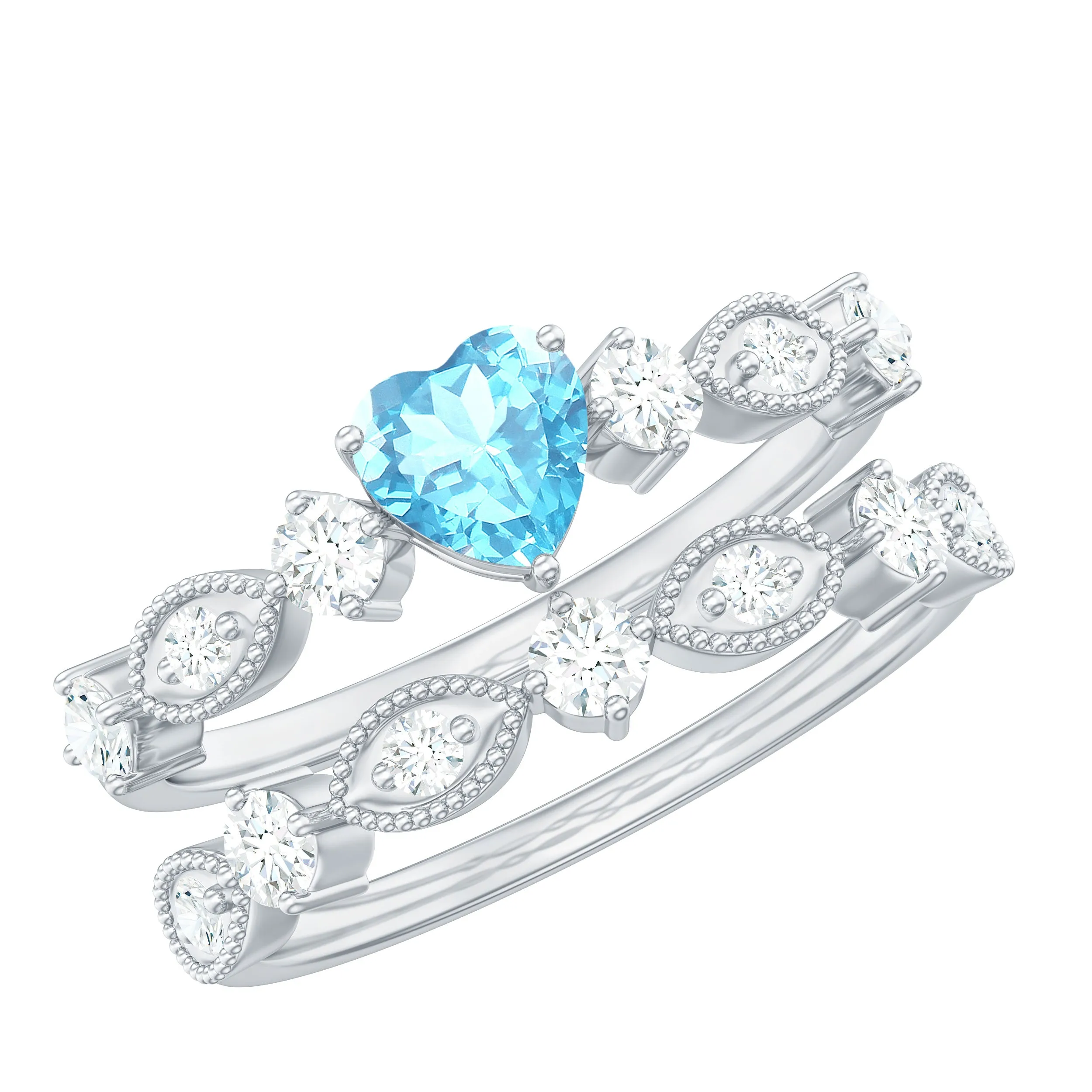 Heart Aquamarine and Diamond Ring Set