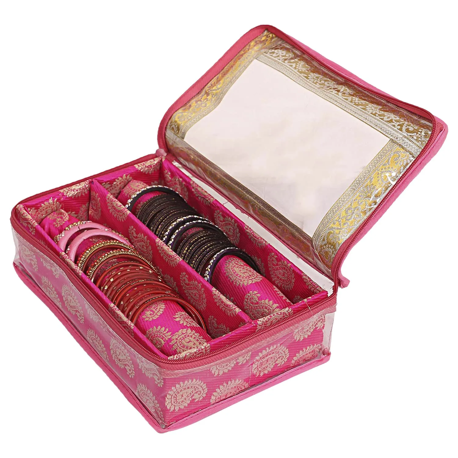 Heart Home Multipurpose Feather Design Laminated 2 Rod Bangle Box/Organizer/Case With Tranasparent Top (Pink)-47HH0221