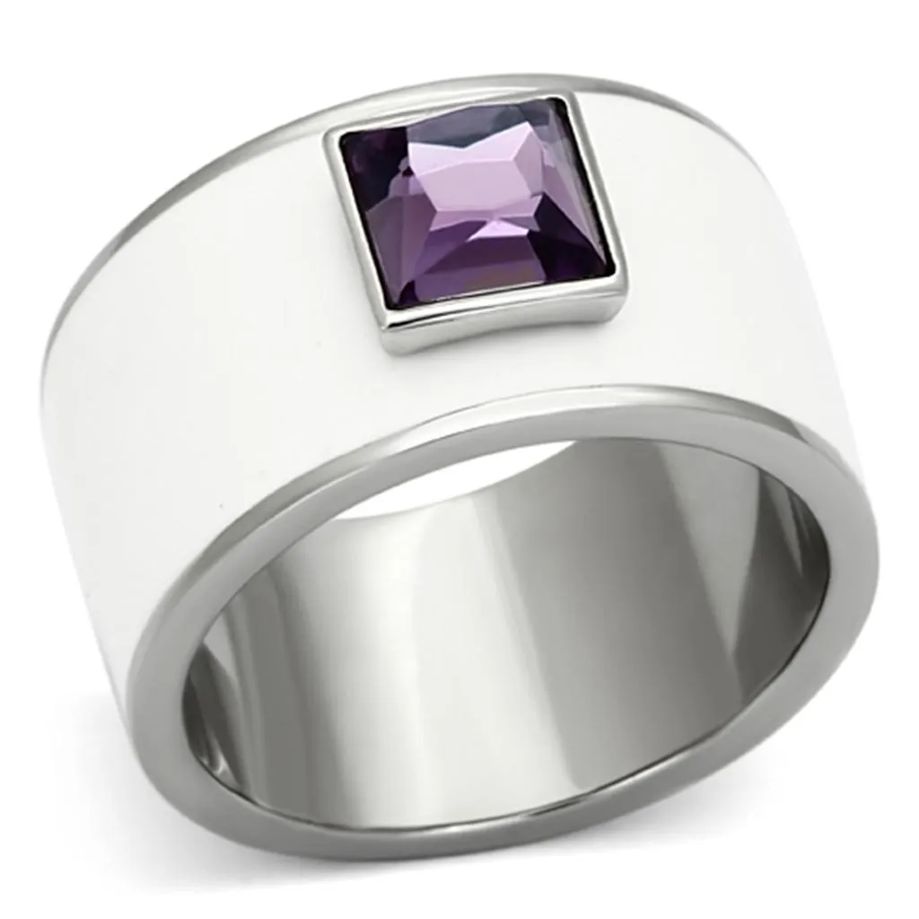 High polished (no plating) Stainless Steel Ring with Synthetic Synthetic Glass in Amethyst for Women Style TK1142