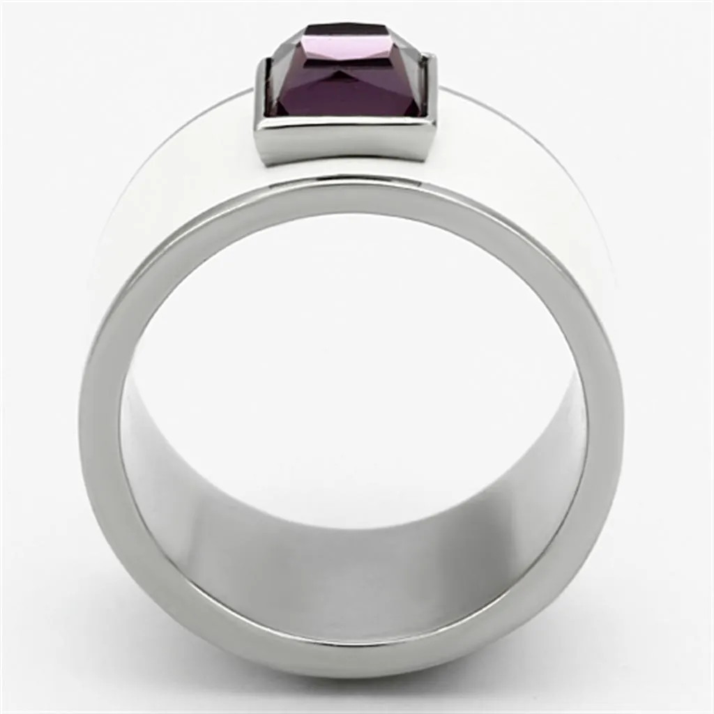 High polished (no plating) Stainless Steel Ring with Synthetic Synthetic Glass in Amethyst for Women Style TK1142