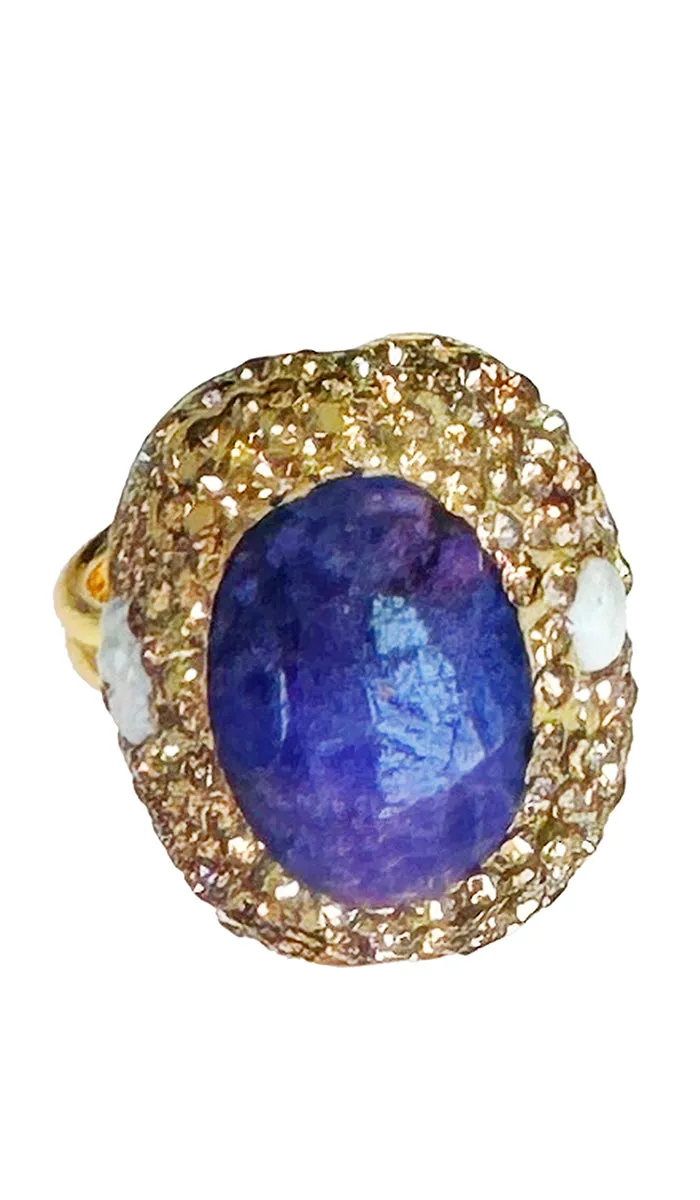 Jeweled Raw Amethyst and Champagne Crystal and Pearl Oval Cocktail Ring